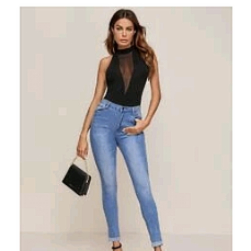 Shein Mesh Panel High Neck Black Tank Top